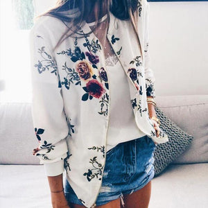 Floral Bomber Short Zipper Long Sleeve Jacket - Easy Pickins Store