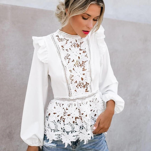 Floral Lace Long Sleeve Hollow Out Elegant Blouse - Easy Pickins Store