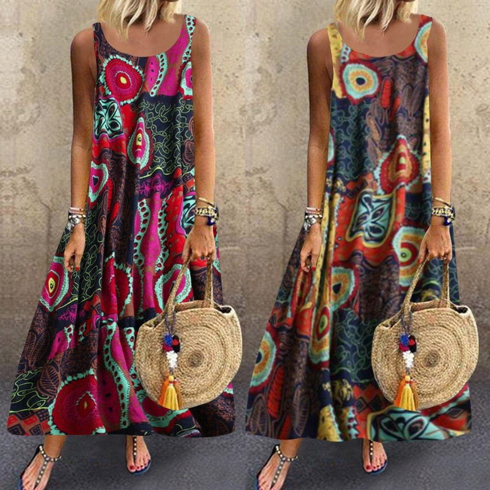 Floral Loose Bohemian Dress Sleeveless - Easy Pickins Store