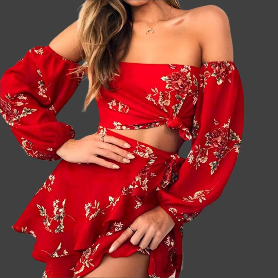 Floral Off Shoulder Ruffles Top and Skirt 2 Pieces Set - Easy Pickins Store