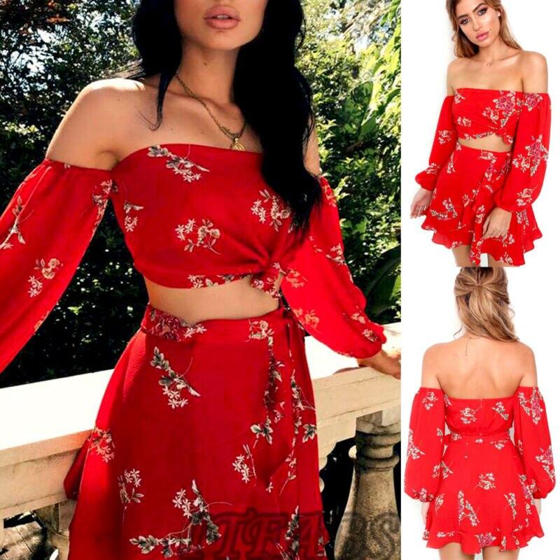Floral Off Shoulder Ruffles Top and Skirt 2 Pieces Set - Easy Pickins Store