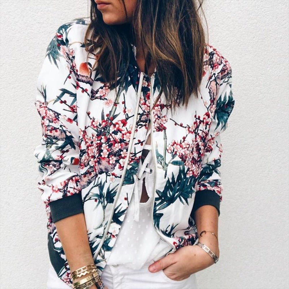 Floral Print Zipper Up Bomber Jacket - Easy Pickins Store