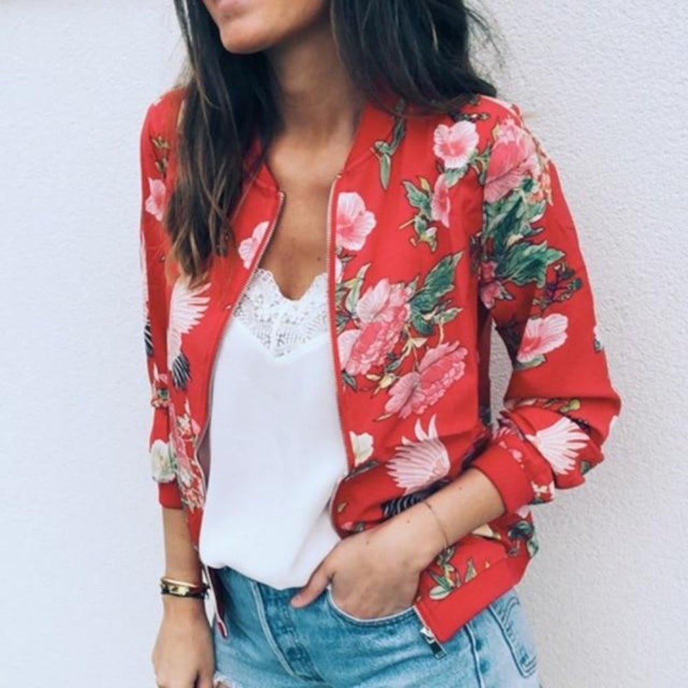Floral Print Zipper Up Bomber Jacket - Easy Pickins Store