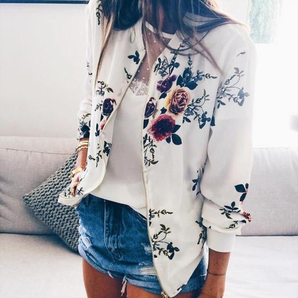 Floral Print Zipper Up Bomber Jacket - Easy Pickins Store