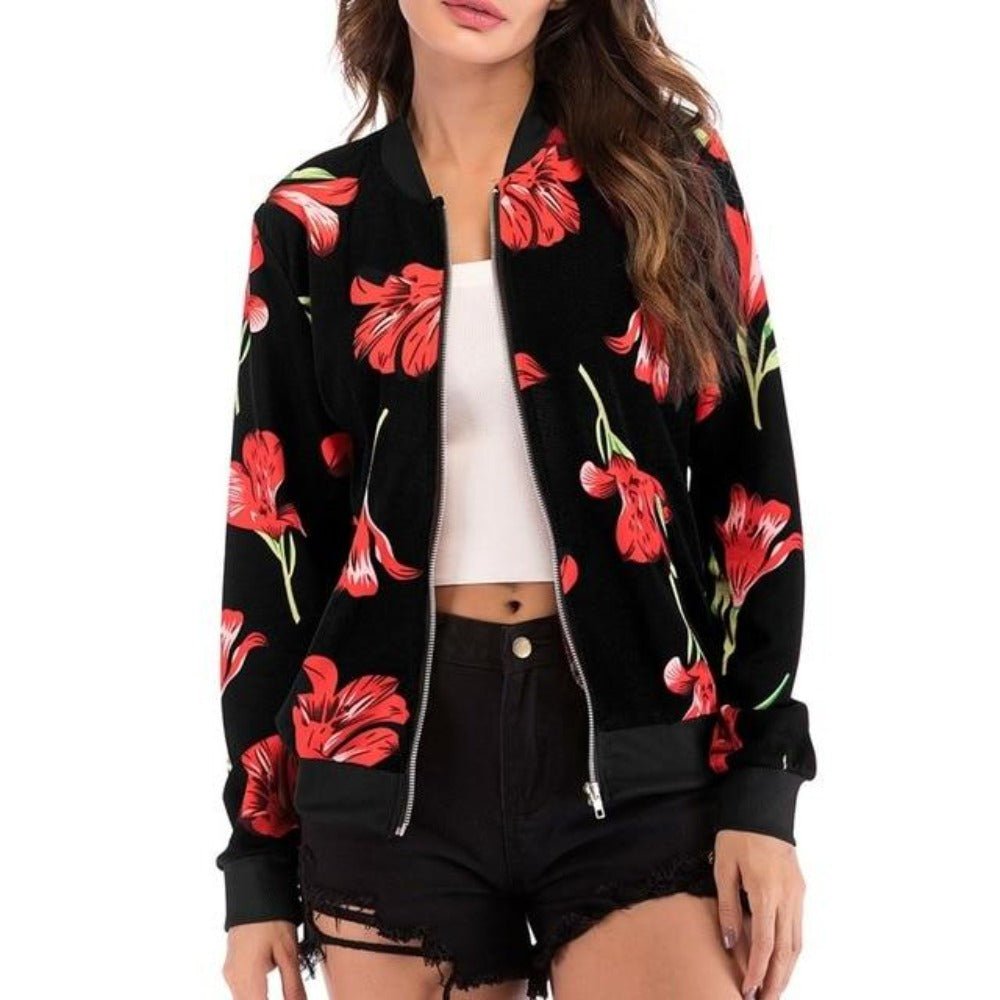 Floral Print Zipper Up Bomber Jacket - Easy Pickins Store