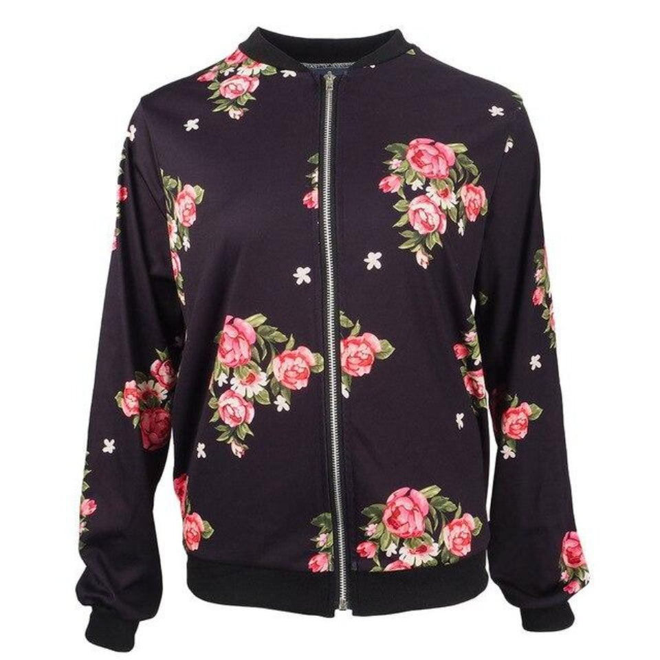 Floral Printed Jacket Zipper Bomber Outwear Long Sleeve Plus Sizes - Easy Pickins Store