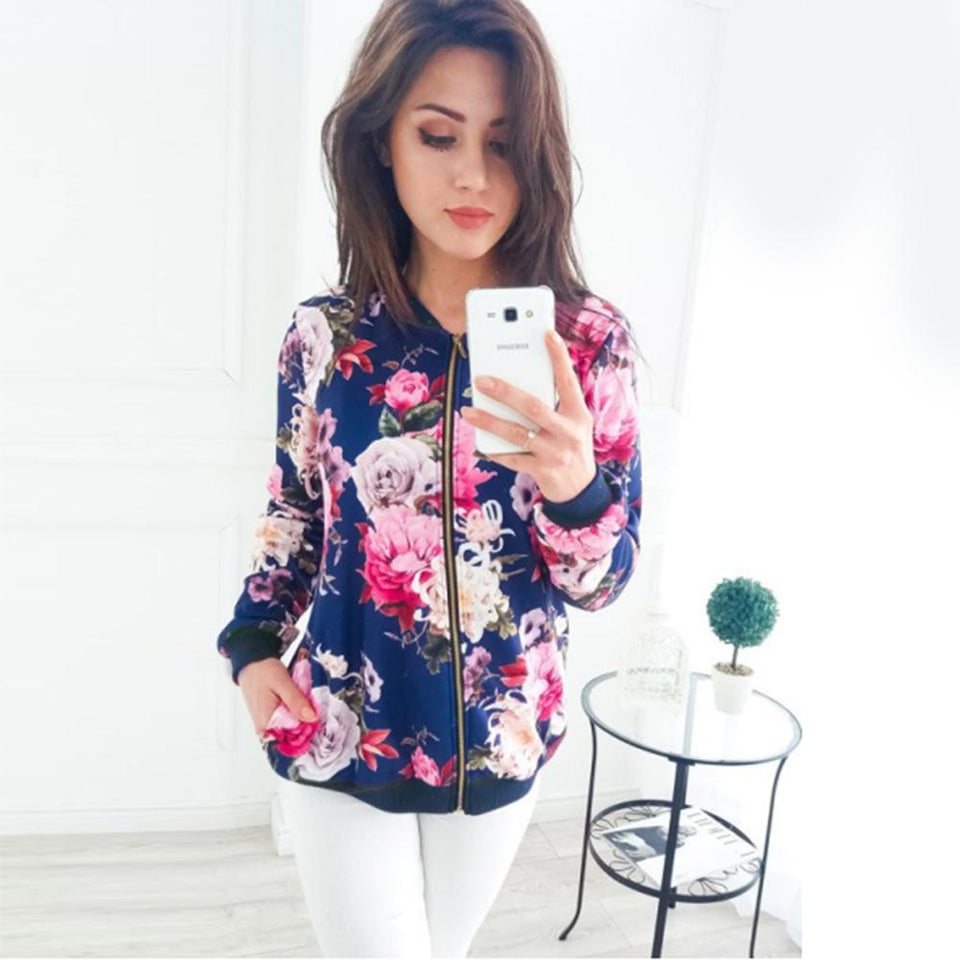 Floral Printed Jacket Zipper Bomber Outwear Long Sleeve Plus Sizes - Easy Pickins Store