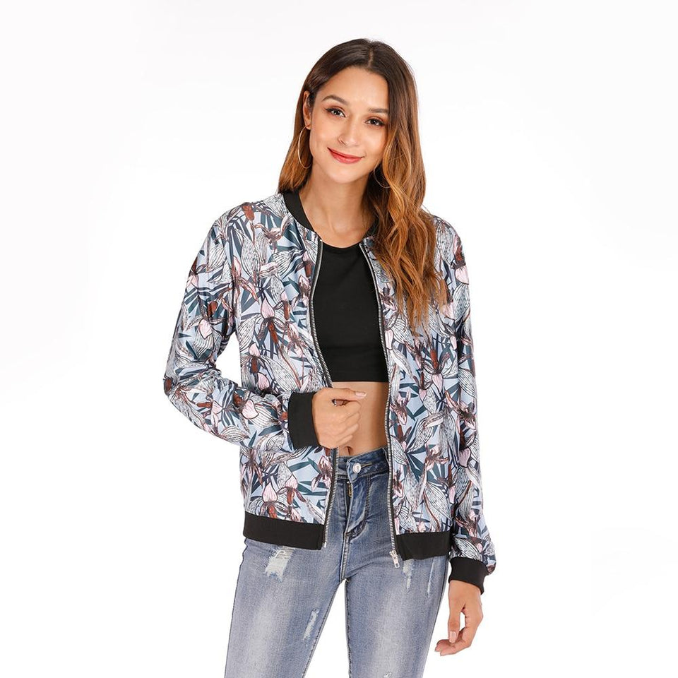 Floral Printed Jacket Zipper Bomber Outwear Long Sleeve Plus Sizes - Easy Pickins Store