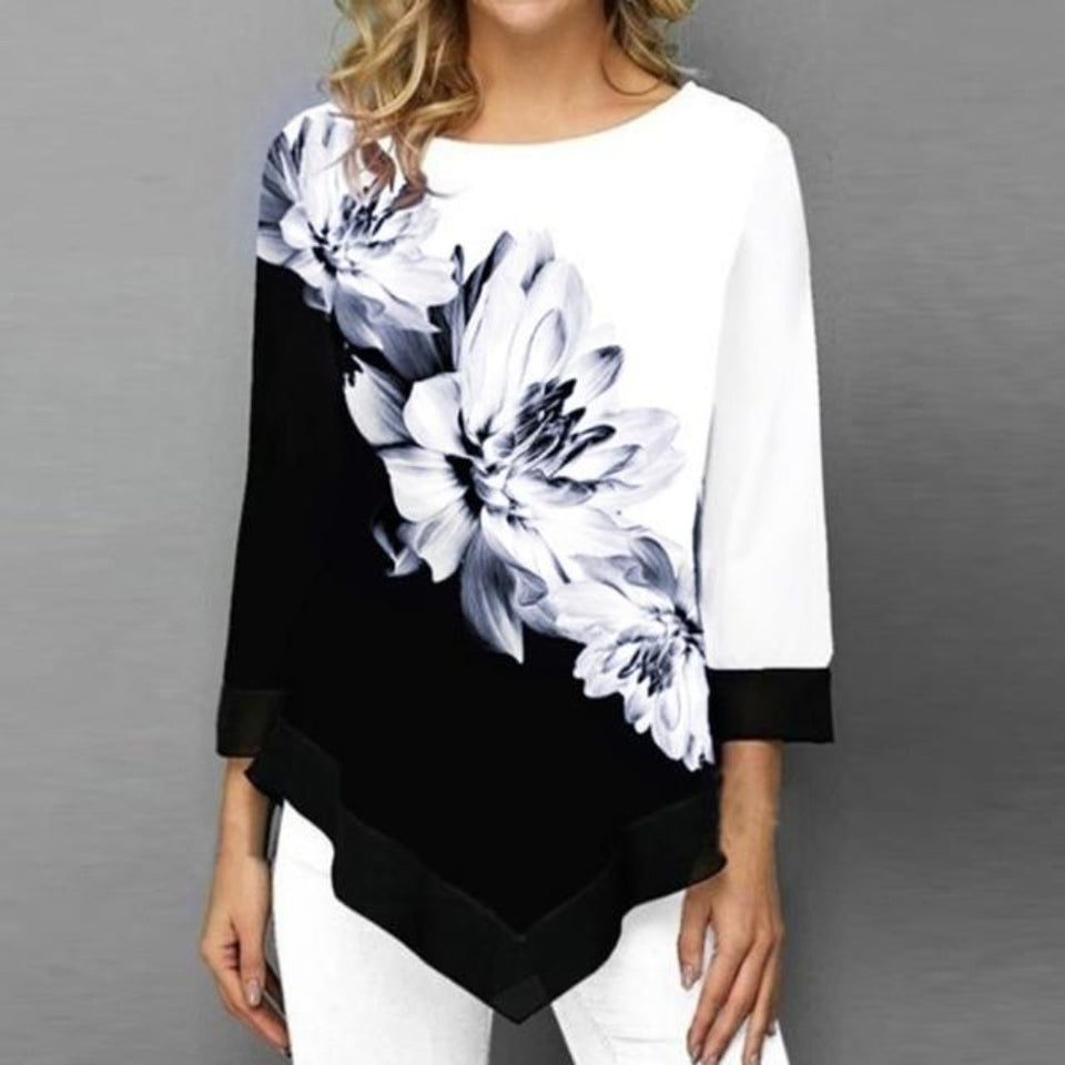 Floral Printed Shirt Irregular Hem O neck 3/4 Sleeve - Easy Pickins Store
