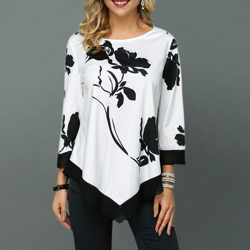 Floral Printed Shirt Irregular Hem O neck 3/4 Sleeve - Easy Pickins Store