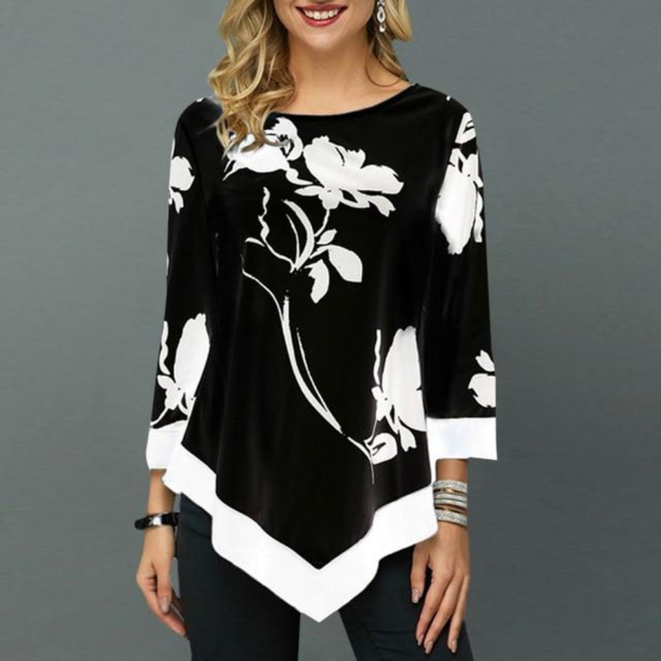 Floral Printed Shirt Irregular Hem O neck 3/4 Sleeve - Easy Pickins Store