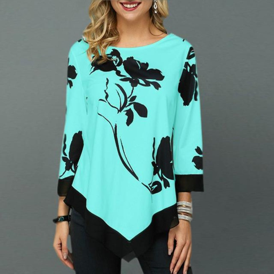 Floral Printed Shirt Irregular Hem O neck 3/4 Sleeve - Easy Pickins Store