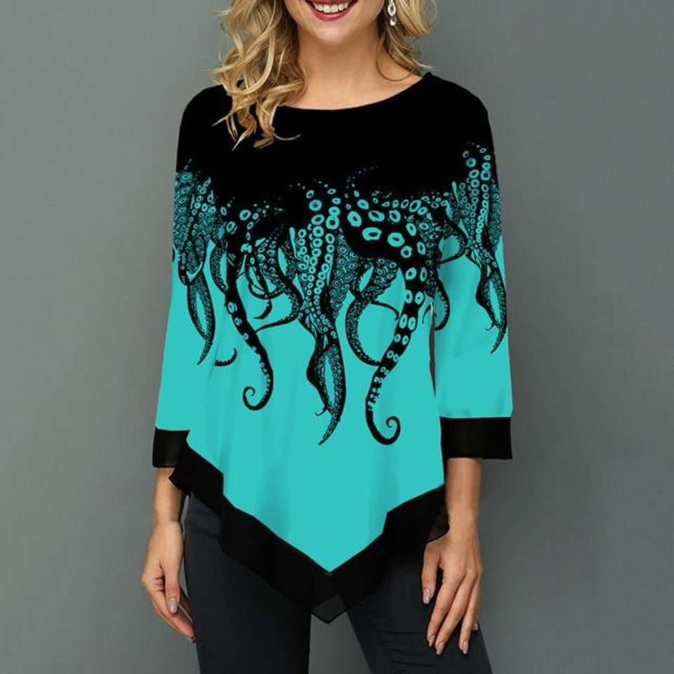Floral Printed Shirt Irregular Hem O neck 3/4 Sleeve - Easy Pickins Store