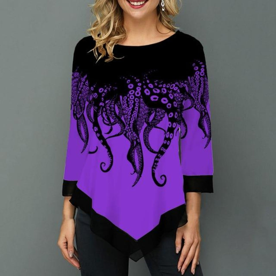 Floral Printed Shirt Irregular Hem O neck 3/4 Sleeve - Easy Pickins Store