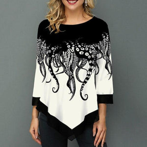 Floral Printed Shirt Irregular Hem O neck 3/4 Sleeve - Easy Pickins Store