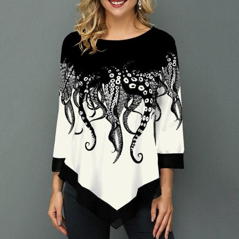 Floral Printed Shirt Irregular Hem O neck 3/4 Sleeve - Easy Pickins Store