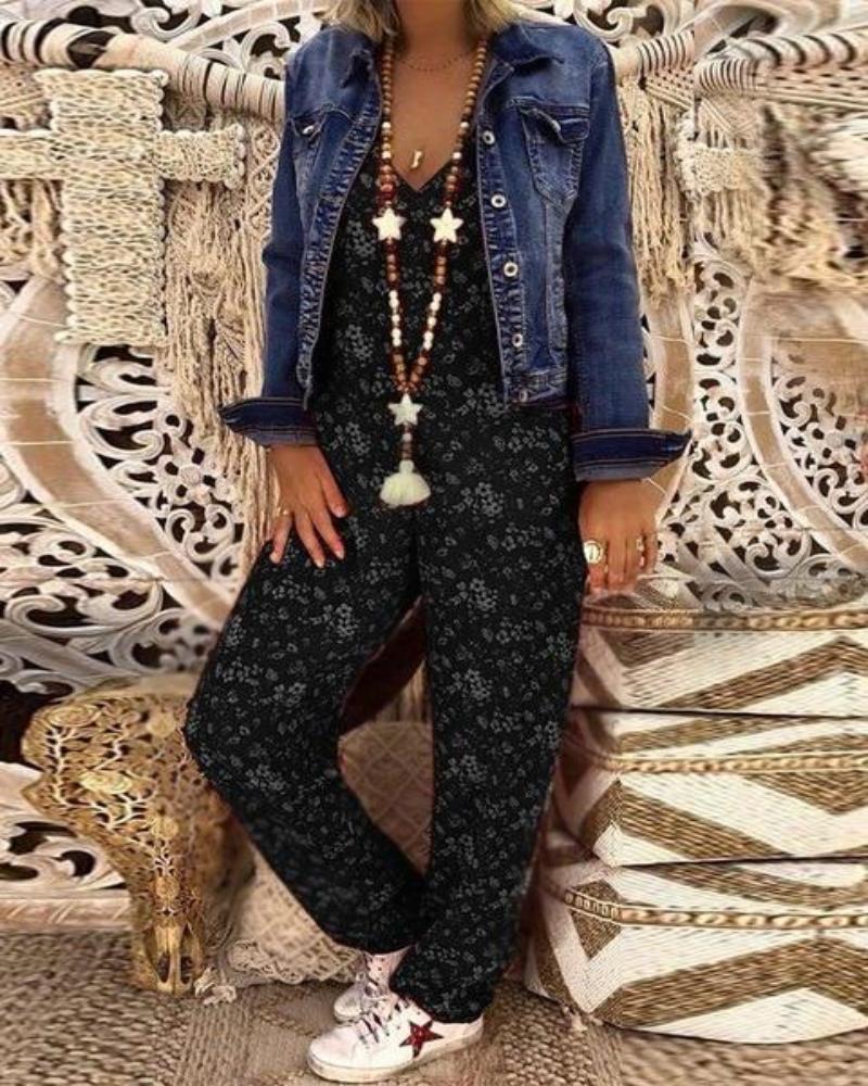 Flower Print Loose Jumpsuit V neck Herem Pants - Easy Pickins Store