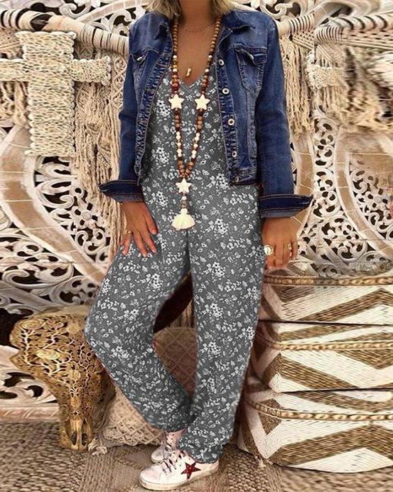 Flower Print Loose Jumpsuit V neck Herem Pants - Easy Pickins Store