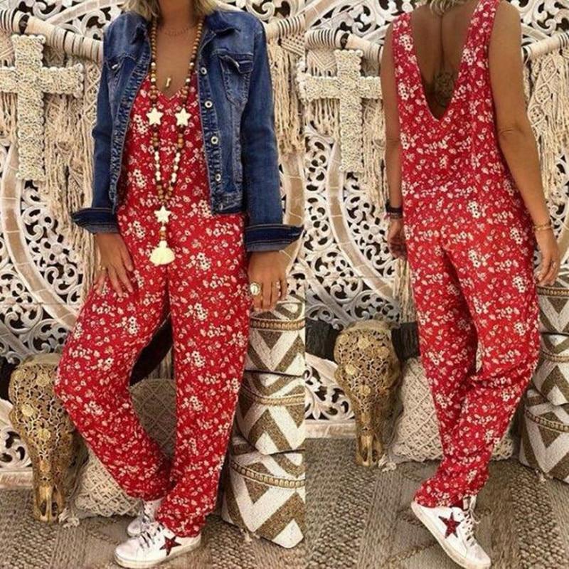 Flower Print Loose Jumpsuit V neck Herem Pants - Easy Pickins Store