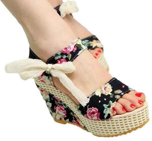 Flowers Buckle Open Toe Wedge Sandals High Heels Platform - Easy Pickins Store