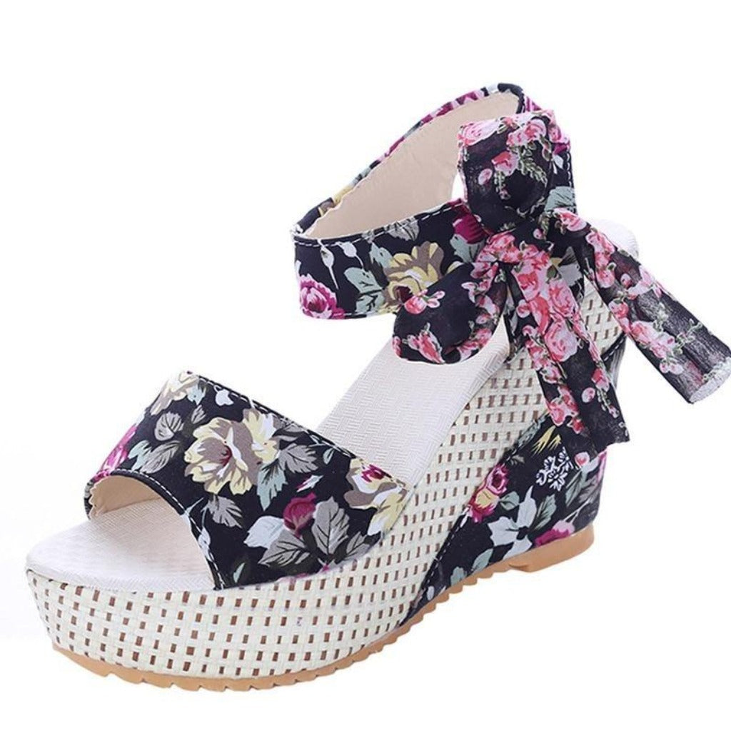 Flowers Buckle Open Toe Wedge Sandals High Heels Platform - Easy Pickins Store