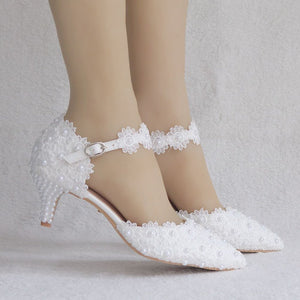 Flowers Crystal Wedding Pointed Toe Thin Shoes High Heel White Lace - Easy Pickins Store