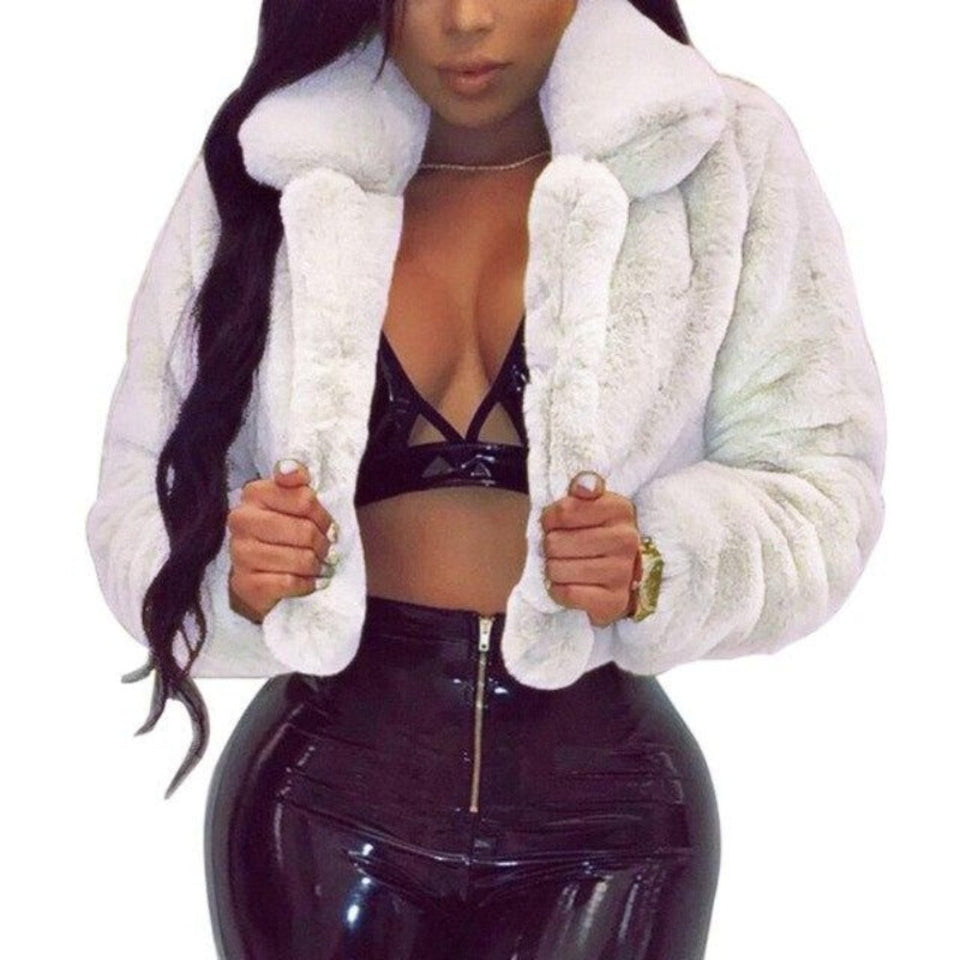 Fluffy Faux Fur Jacket Cropped Turn Down Collar Open Front - Easy Pickins Store