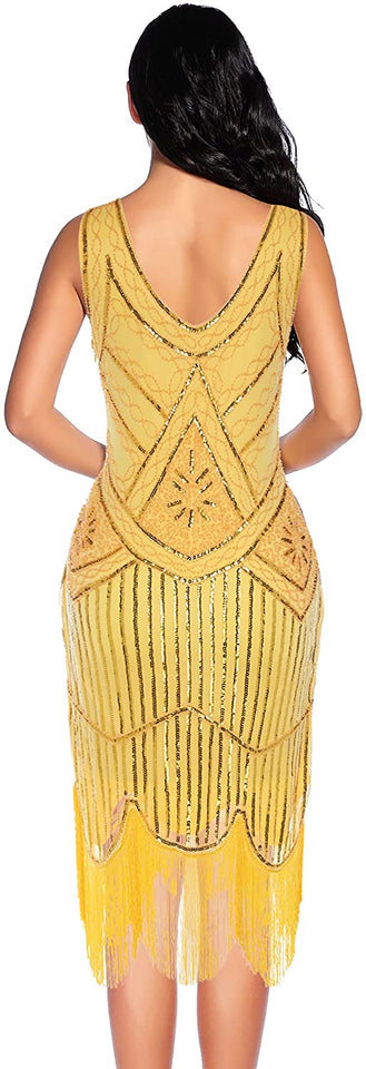 Fringed Gatsby Sequin Beaded Tassels Hem Flapper Dress - Easy Pickins Store