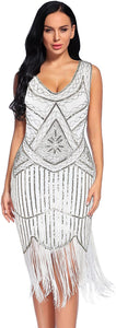 Fringed Gatsby Sequin Beaded Tassels Hem Flapper Dress - Easy Pickins Store