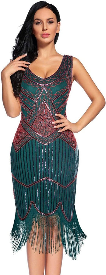 Fringed Gatsby Sequin Beaded Tassels Hem Flapper Dress - Easy Pickins Store