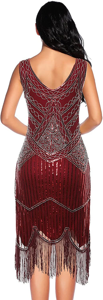 Fringed Gatsby Sequin Beaded Tassels Hem Flapper Dress - Easy Pickins Store