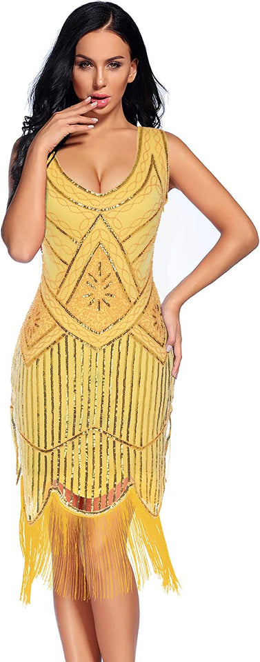 Fringed Gatsby Sequin Beaded Tassels Hem Flapper Dress - Easy Pickins Store