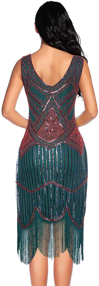 Fringed Gatsby Sequin Beaded Tassels Hem Flapper Dress - Easy Pickins Store