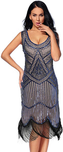 Fringed Gatsby Sequin Beaded Tassels Hem Flapper Dress - Easy Pickins Store