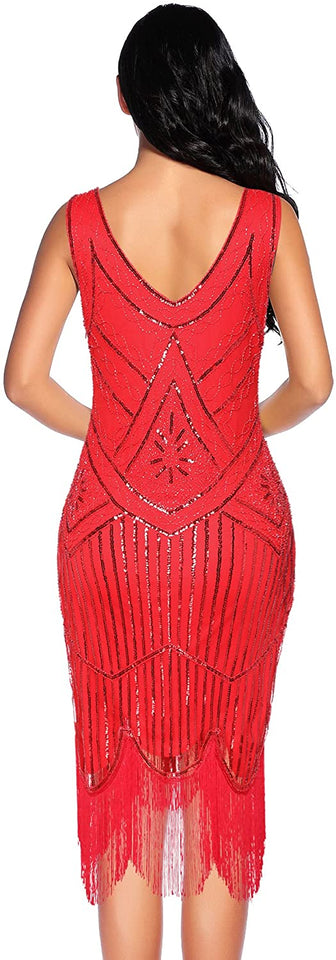 Fringed Gatsby Sequin Beaded Tassels Hem Flapper Dress - Easy Pickins Store