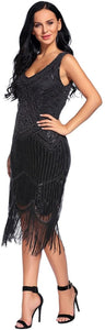 Fringed Gatsby Sequin Beaded Tassels Hem Flapper Dress - Easy Pickins Store