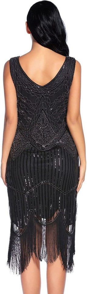 Fringed Gatsby Sequin Beaded Tassels Hem Flapper Dress - Easy Pickins Store