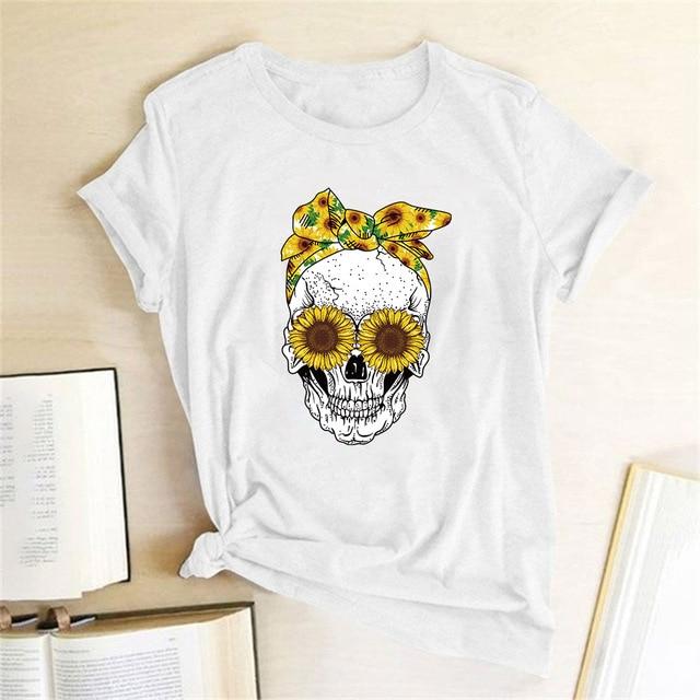 Funny Skull Punk T-shirt Fashion Short Sleeve Sun Flowers - Easy Pickins Store