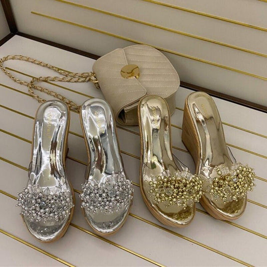 Glitter Crystal Platform Peep Toe High Heels Wedges - Easy Pickins Store