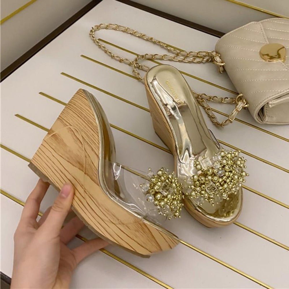 Glitter Crystal Platform Peep Toe High Heels Wedges - Easy Pickins Store