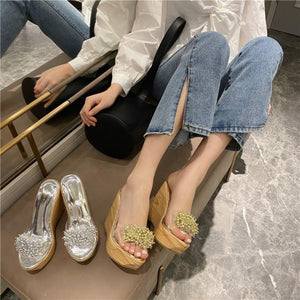 Glitter Gold Silver Crystal Platform Slippers Peep Toe High Heels Wedges Slides Cork - Easy Pickins Store