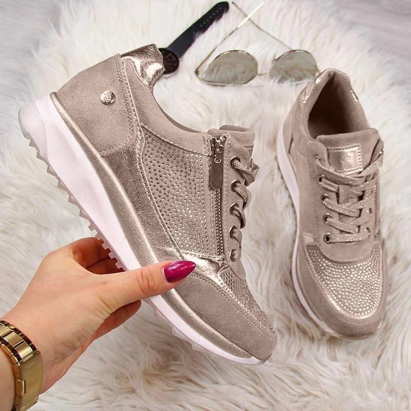 Gold Zipper Platform Trainers Casual Lace Up Sneakers - Easy Pickins Store