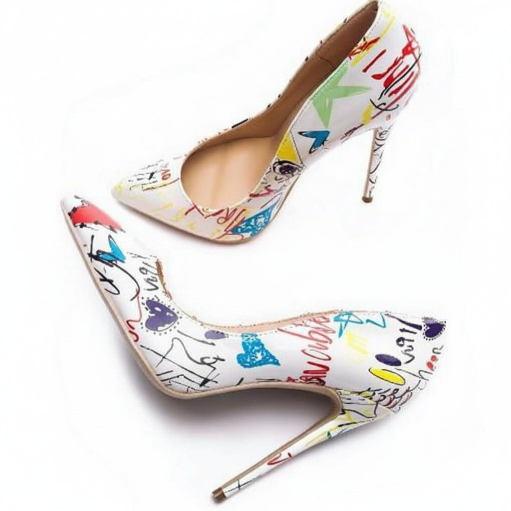 Graffiti Colorful Bridal Pumps High Heels Pointed Toe - Easy Pickins Store