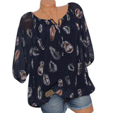 Half Sleeve V Neck Blouse Feather Print Loose - Easy Pickins Store