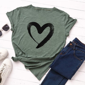 Heart Print T-Shirt Cotton O Neck Short Sleeve - Easy Pickins Store