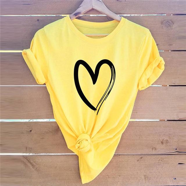 Heart Print T-Shirt Cotton O Neck Short Sleeve - Easy Pickins Store