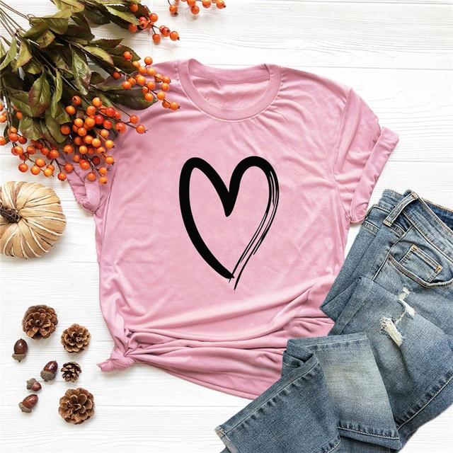 Heart Print T-Shirt Cotton O Neck Short Sleeve - Easy Pickins Store