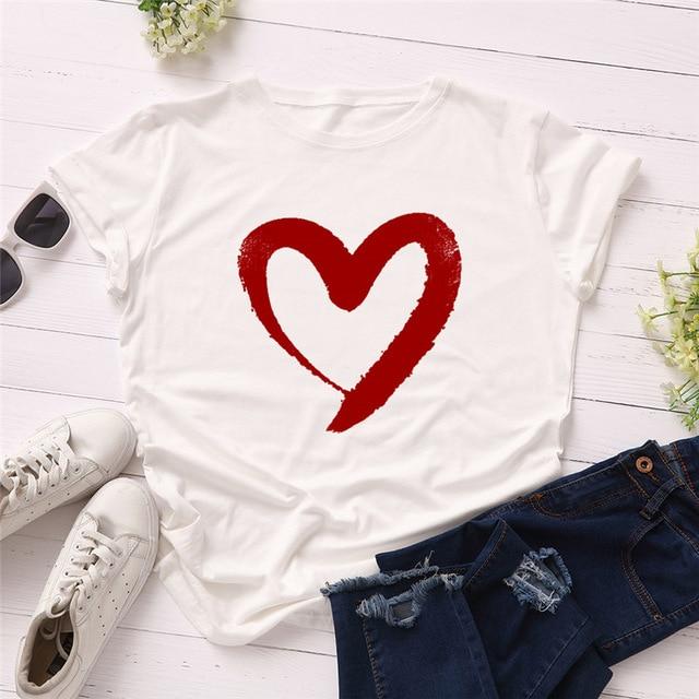 Heart Print T-Shirt Cotton O Neck Short Sleeve - Easy Pickins Store