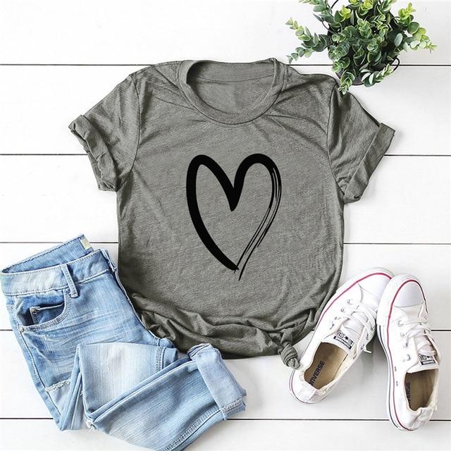 Heart Print T-Shirt Cotton O Neck Short Sleeve - Easy Pickins Store