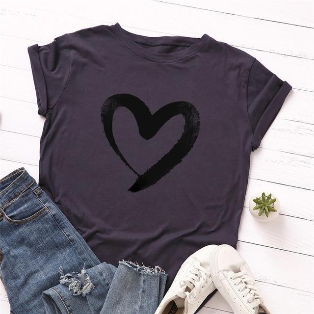 Heart Print T-Shirt Cotton O Neck Short Sleeve - Easy Pickins Store